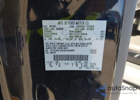 2005 Ford F-250 Lariat/Xl/Xlt z USA, uszkodzony, nr VIN 1FTSW21P65EA20987